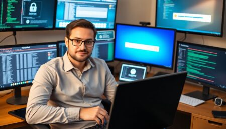 A cybersecurity-conscious individual sitting at a desk, surrounded by multiple screens displaying encrypted data, secure passwords, and backup drives, with a determined yet calm expression, ready to face any digital challenge.