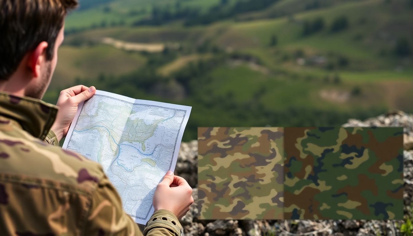 A person studying a map and the surrounding landscape, with different camouflage patterns laid out beside them.