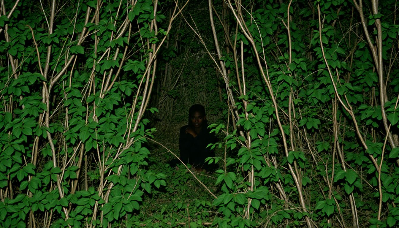 A person sitting still in a dense thicket, with their silhouette barely visible.