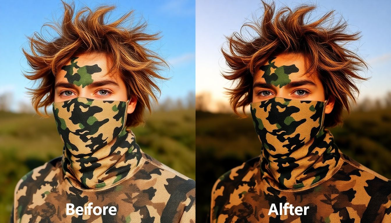 A person changing their camouflage pattern to match a different season or time of day, with before and after images side by side.