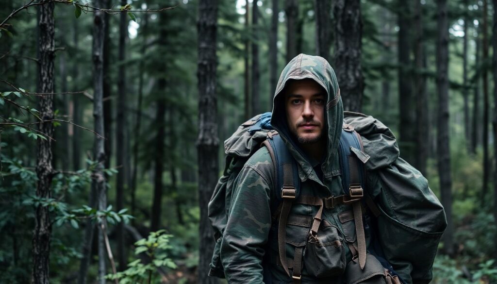 A lone figure, dressed in homemade camouflage, blending seamlessly into a dense forest, with a backpack filled with survival gear, and a determined look on their face.