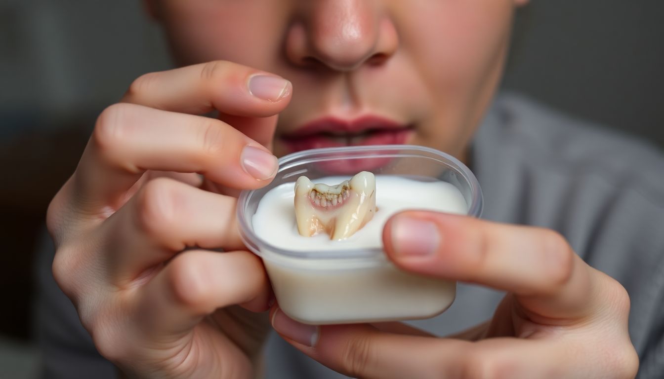 A person carefully holding a knocked-out tooth in a small container of milk, with a worried but determined expression.