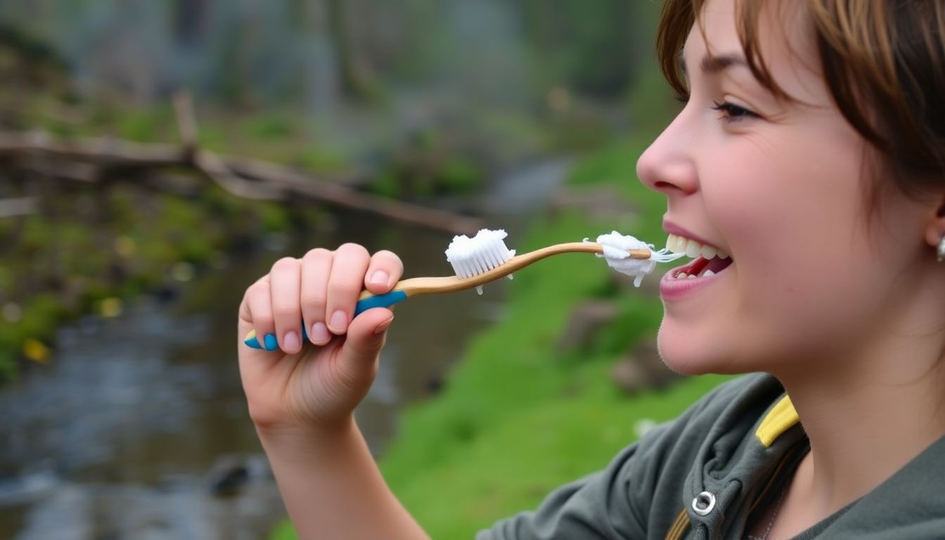 A person brushing their teeth with a homemade toothbrush and toothpaste, standing by a stream or a campfire.