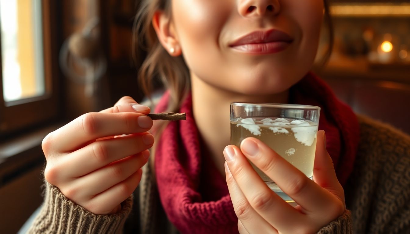 A person holding a clove bud to their cheek, with a glass of warm salt water nearby, sitting in a cozy, rustic setting.