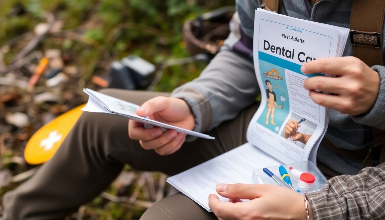 A person reading a dental care manual in a wilderness setting, with a first aid kit and a small dental tool kit nearby.