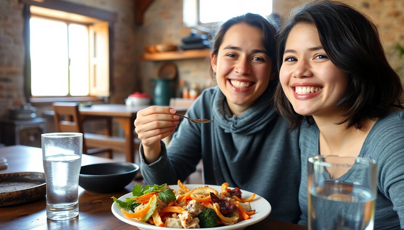 A person enjoying a healthy meal in a rustic setting, with a bright smile and a glass of water nearby.