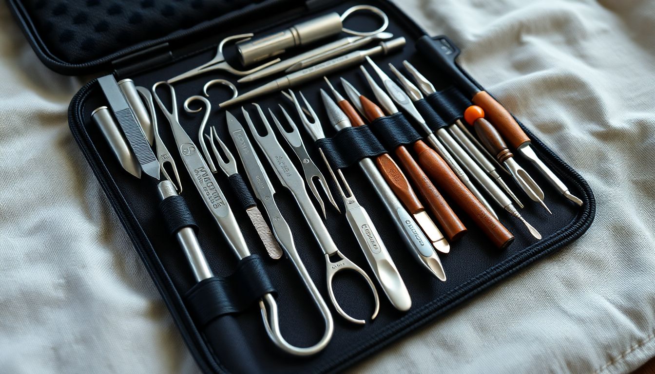 A close-up shot of a well-stocked off-grid dental kit, laid out on a clean cloth, with each tool clearly visible.