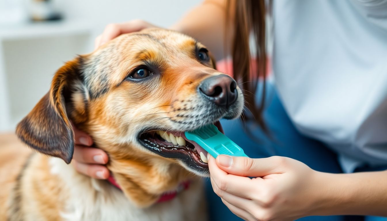 A person gently cleaning their pet's teeth, with the pet looking content and comfortable.