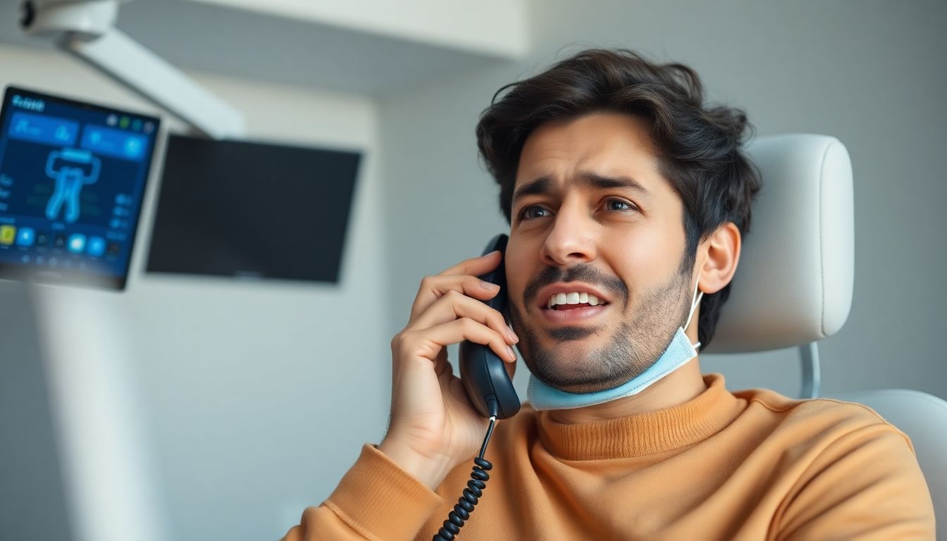 A person on a satellite phone, arranging for a dental appointment, with a worried but relieved expression.