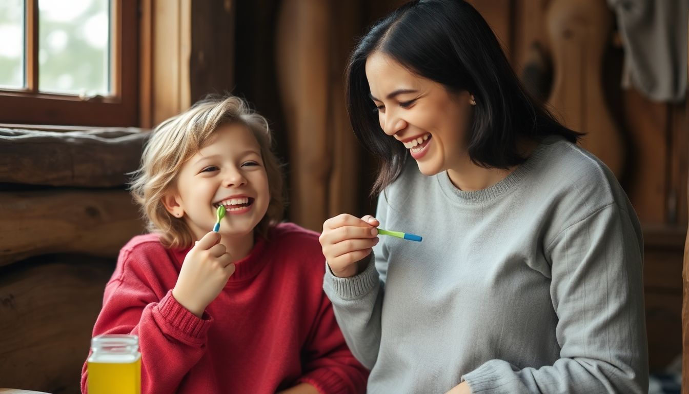 A parent helping a child brush their teeth in a cozy, rustic setting, with both of them smiling and laughing.