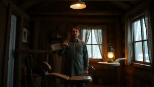 A lone figure in a rustic cabin, holding a small dental kit, with a determined look, standing in front of a makeshift dental chair under the warm glow of a lantern.