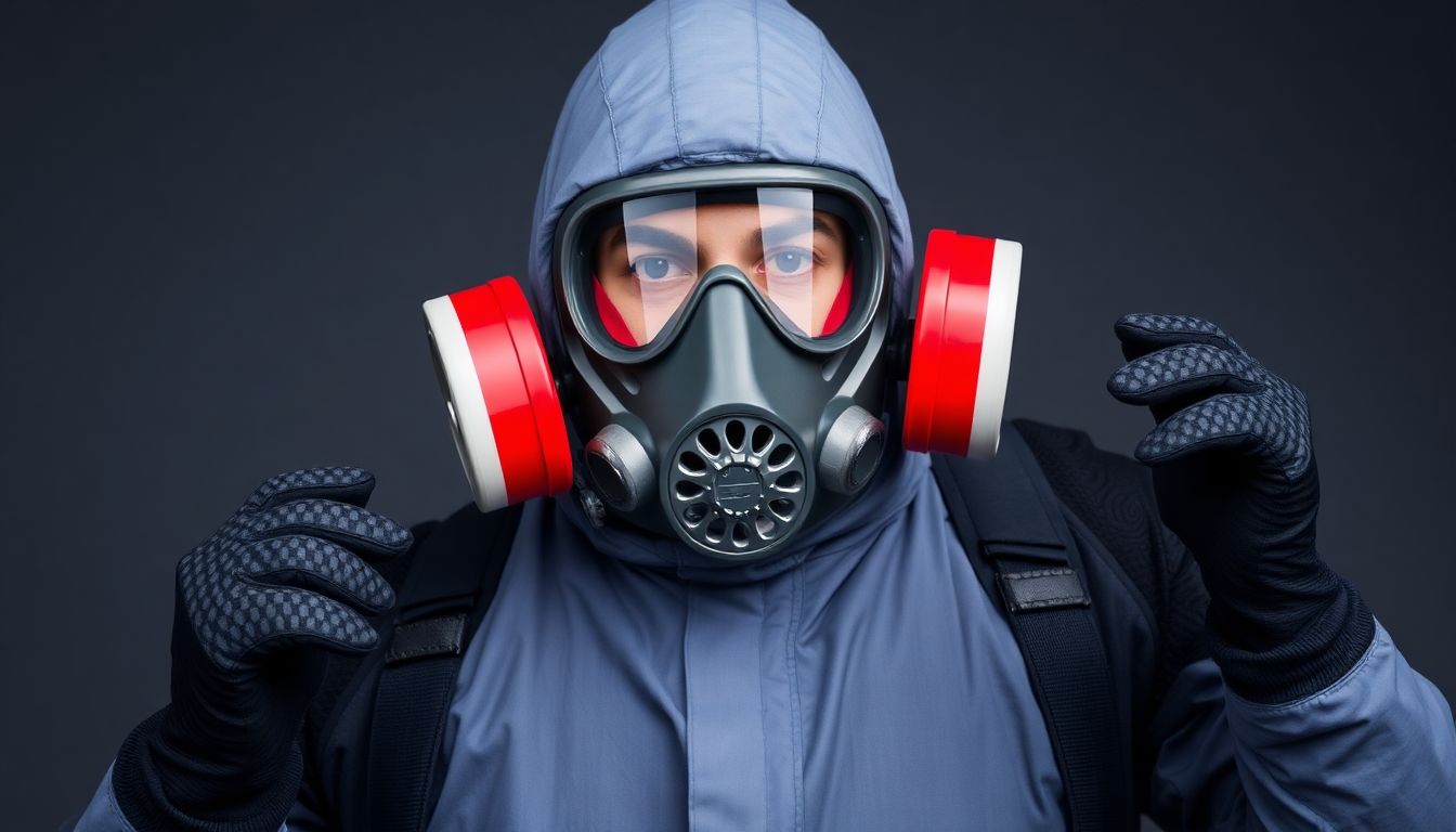 A person wearing a full CBRN protective suit, with different types of gas masks and protective gloves visible