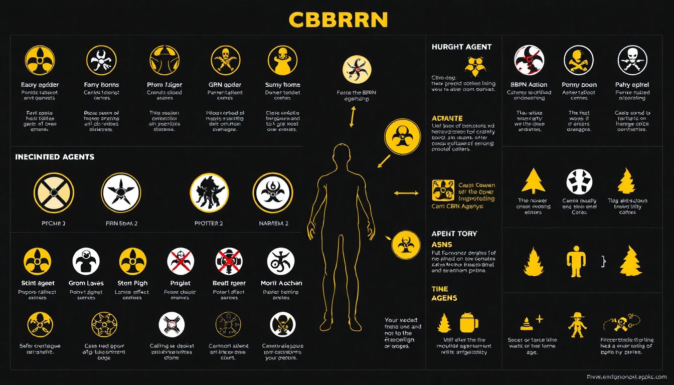 Infographics showing different types of CBRN agents, their symbols, and effects on the human body