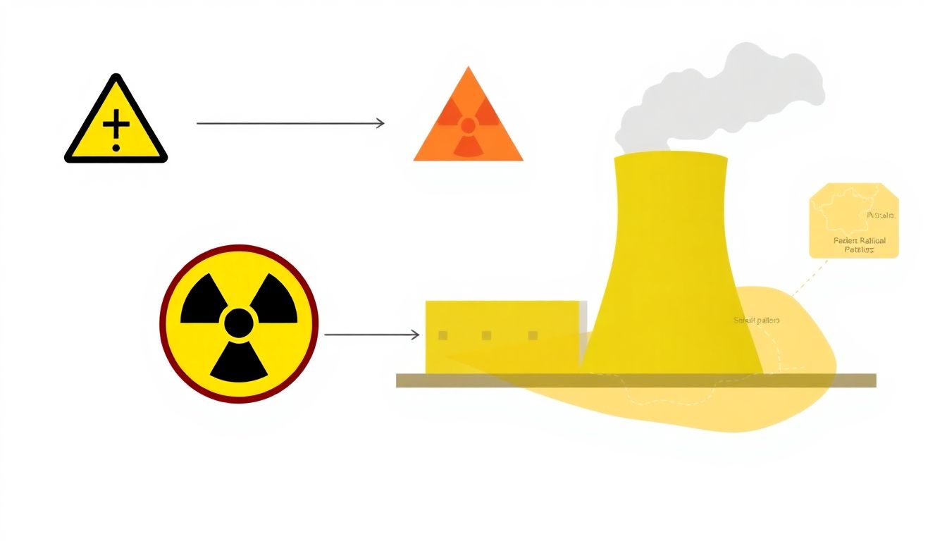 A diagram of a nuclear power plant, with a 'radiation warning' symbol and a map showing potential fallout patterns