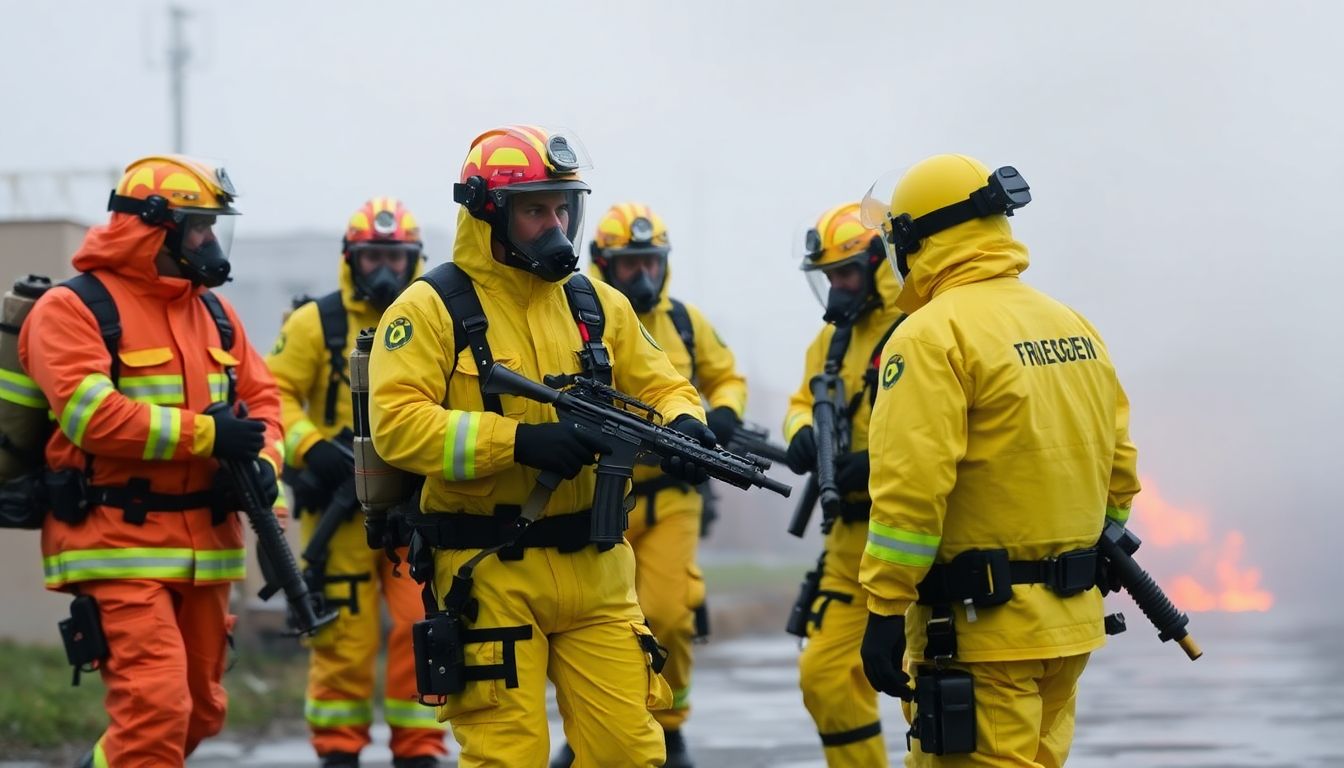 Emergency response personnel in protective gear, working at a simulated CBRN incident