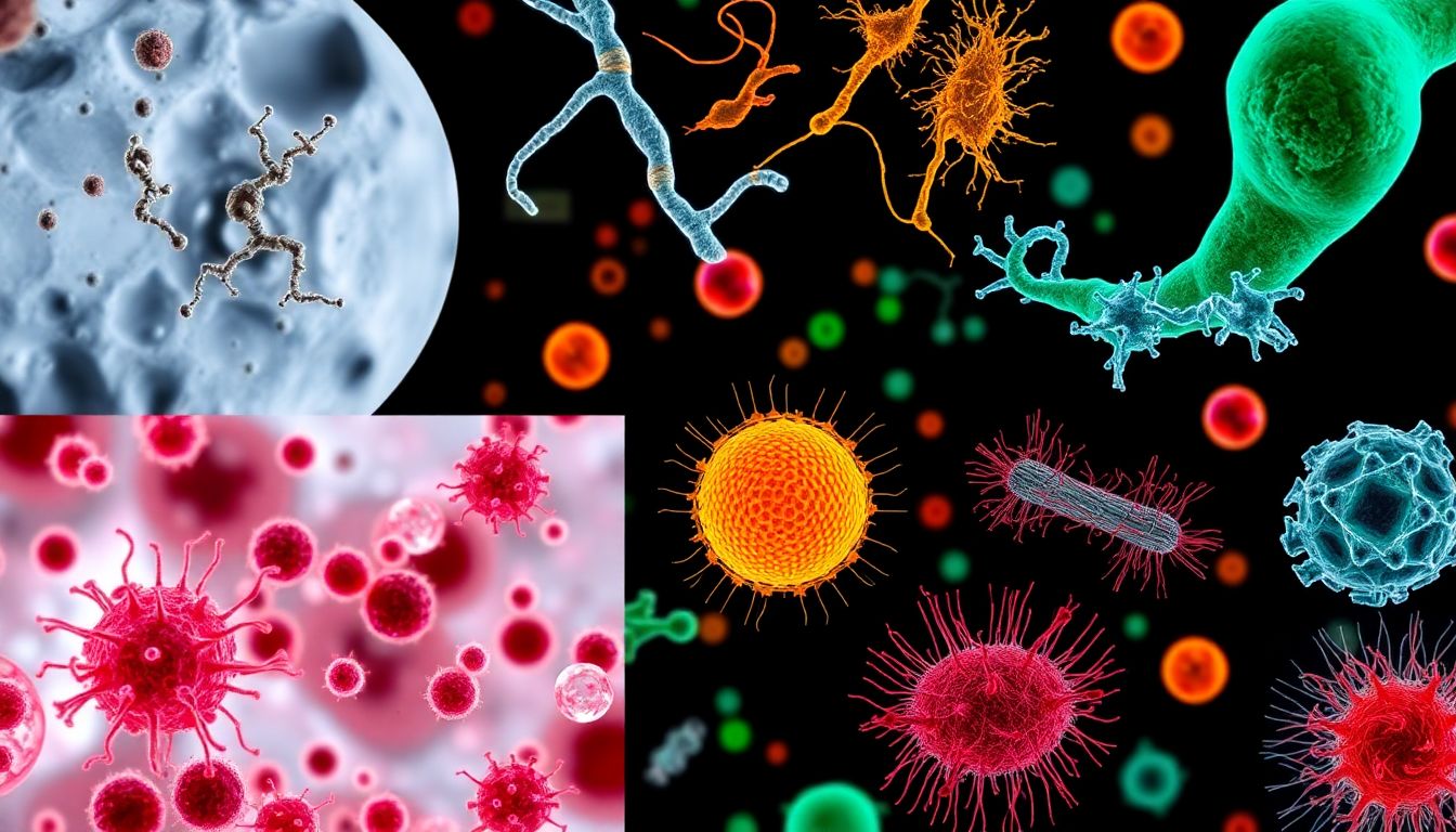 Microscopic images of pathogens and toxins, with information on their effects and transmission methods