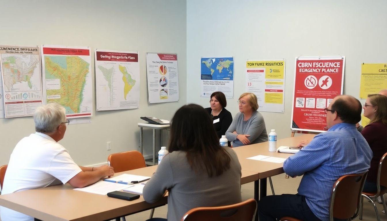 A community meeting to discuss emergency plans, with maps, posters, and CBRN response information visible