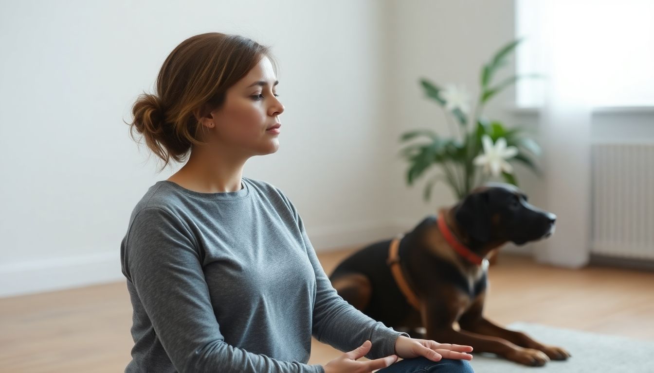 A person practicing deep breathing exercises, with a support animal nearby, in a calm and safe environment