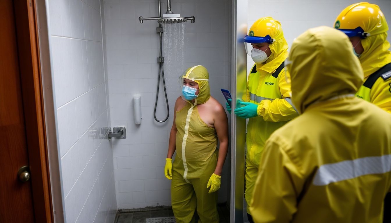 A person undergoing decontamination in a shower, with emergency response personnel in protective gear nearby