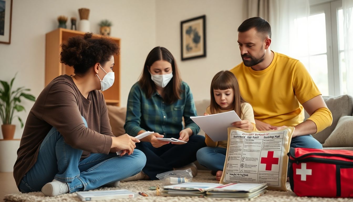 A family practicing their emergency plan, with a CBRN response kit and a first aid kit visible