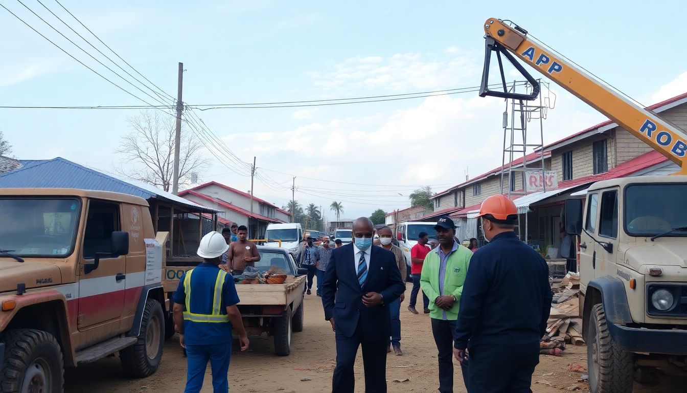 A community coming together to rebuild after a CBRN incident, with construction equipment, volunteers, and government officials visible