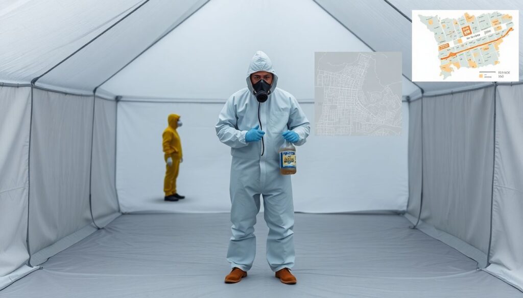 A lone figure, dressed in protective gear, stands in a decontamination tent, holding a gas mask and a bottle of bleach, with a hazmat team working in the background, and a map of the city showing the affected area in the distance.