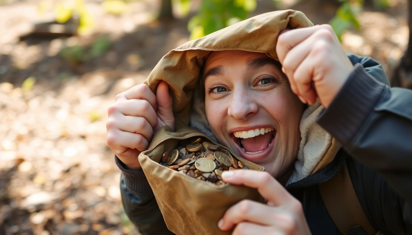 A person excitedly uncovering a cache, with a triumphant smile on their face