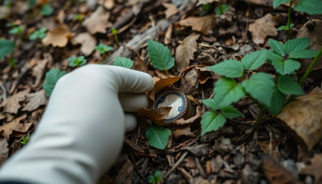 A close-up shot of a well-camouflaged cache buried in the forest floor, with a hint of the surrounding wilderness, and a gloved hand gently brushing away leaves to reveal the hidden stash.