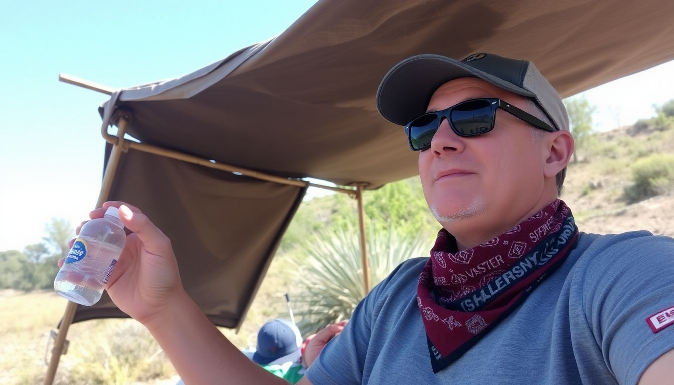 A prepper taking a break under a makeshift sun shade, a water bottle in hand, and a sweat-resistant bandana around their neck.