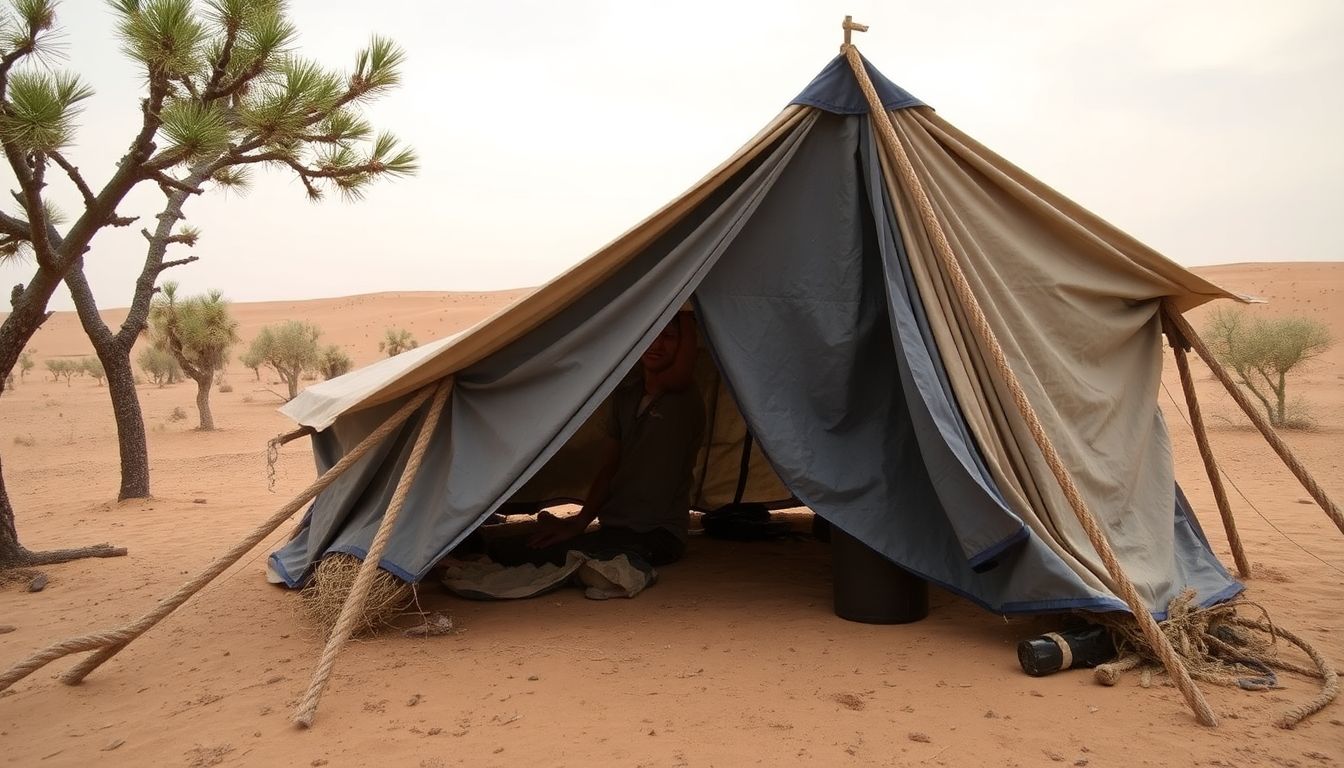 A prepper constructing a simple, effective desert shelter using tarps, rope, and natural materials.