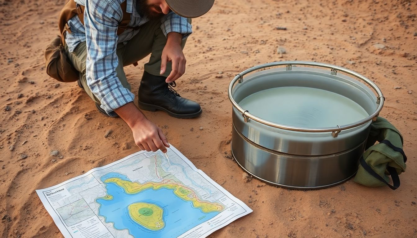 A prepper using a solar still to collect water from the desert floor, with a map of local water sources laid out beside them.