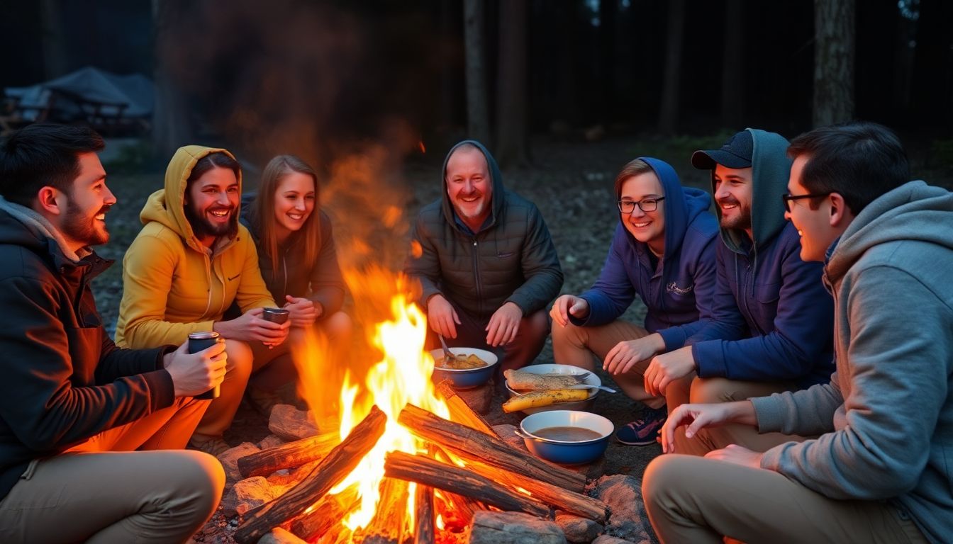 A group of preppers sharing a meal and laughter around a campfire, their faces illuminated by the warm glow of the flames.