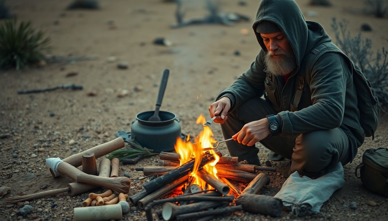 A prepper cooking a meal over a small fire, surrounded by the ingredients they've gathered from the desert.