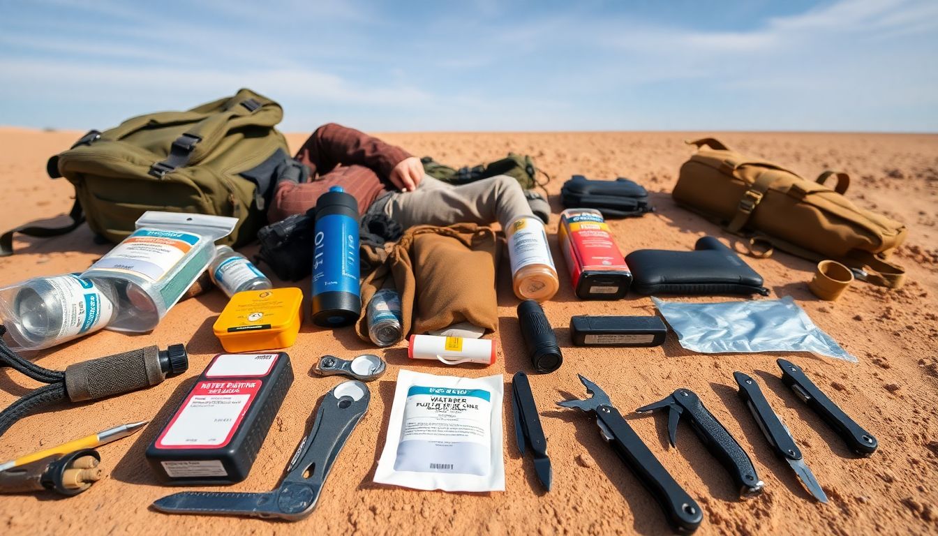 A prepper laying out their gear, from water purification tablets to a reliable multi-tool, ready for a desert expedition.