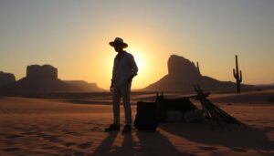 A lone prepper stands silhouetted against the setting sun, their shadow stretching out across the sand. They're dressed in lightweight, light-colored clothing, a wide-brimmed hat shading their face. A well-stocked backpack sits at their feet, beside a makeshift shelter. In the distance, towering rock formations and a lone cactus hint at the harsh, unforgiving beauty of the desert.