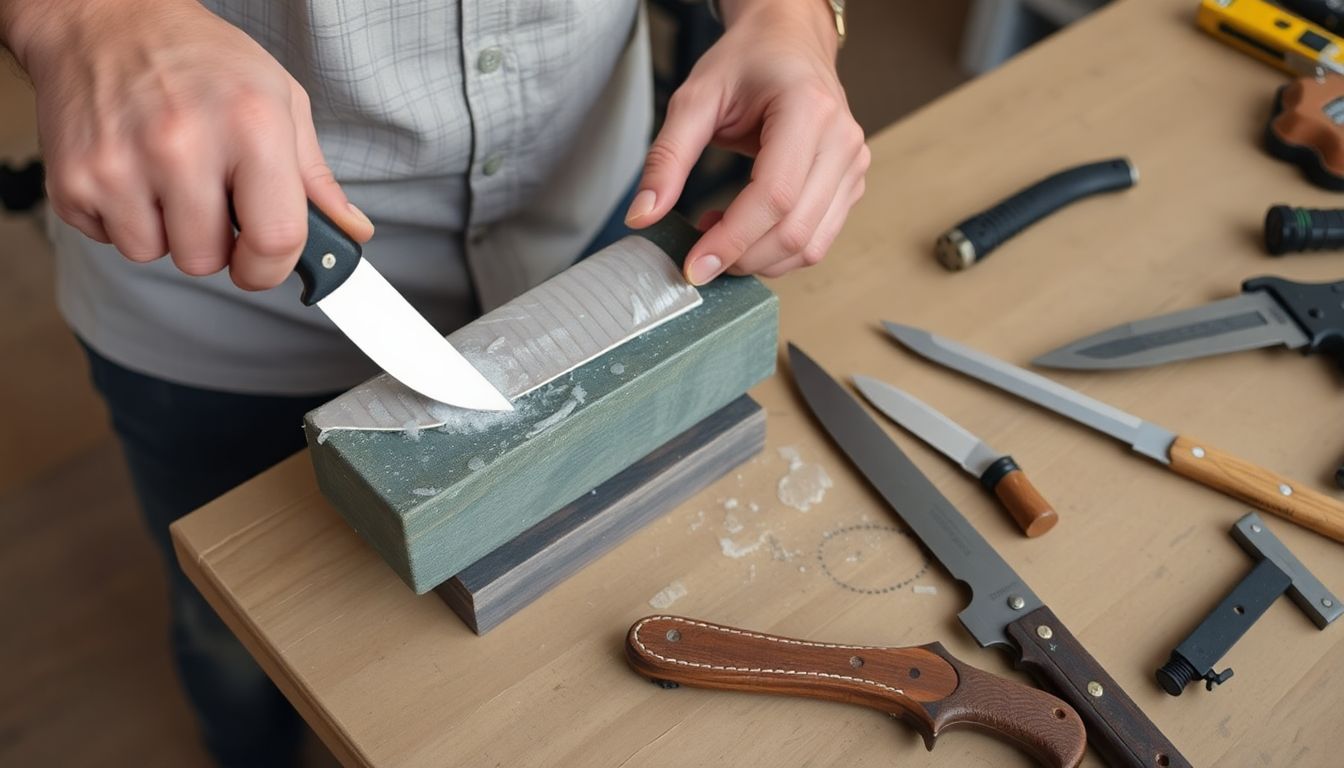 A person cleaning and sharpening a homemade knife on a sharpening stone, with other DIY weapons and tools laid out on a table nearby.