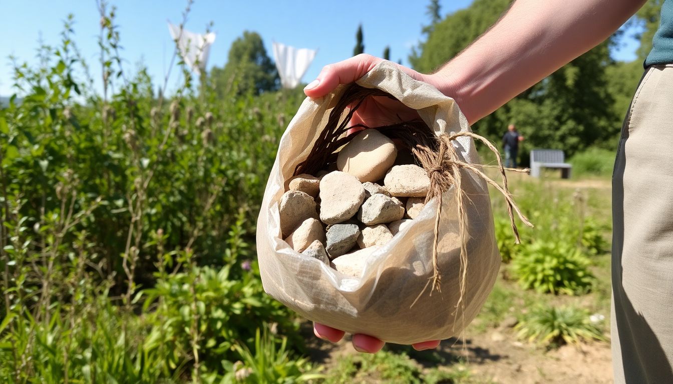 A person holding a bag filled with natural materials like rocks, sticks, and vines, with a variety of plants and trees in the background.