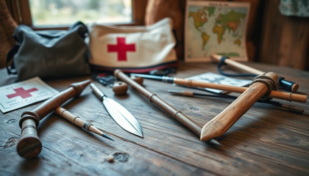 A close-up shot of a variety of DIY survival weapons and tools, such as a sharpened stick, a makeshift spear, and a homemade slingshot, scattered on a wooden table in a rustic setting, with a first aid kit and a map in the background.