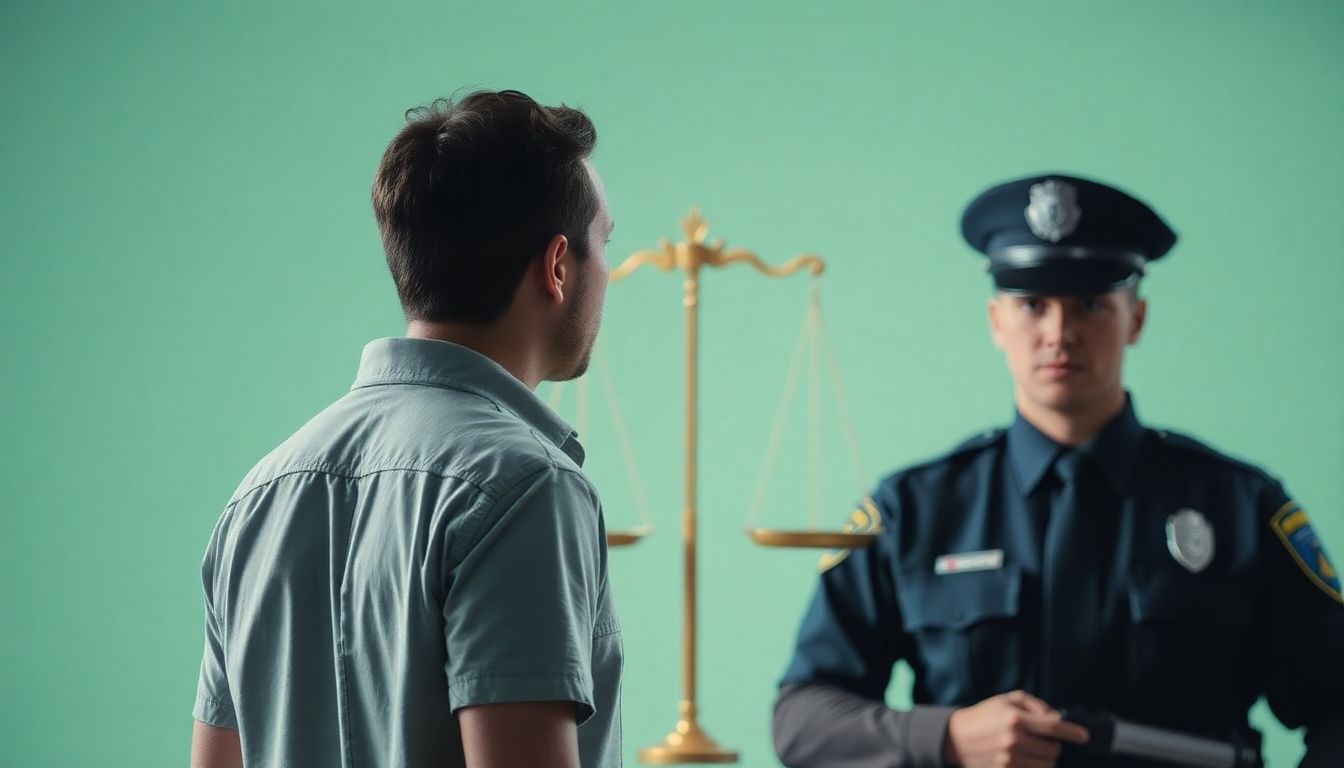 A person standing up against a law enforcement officer, with a scale of justice in the background.