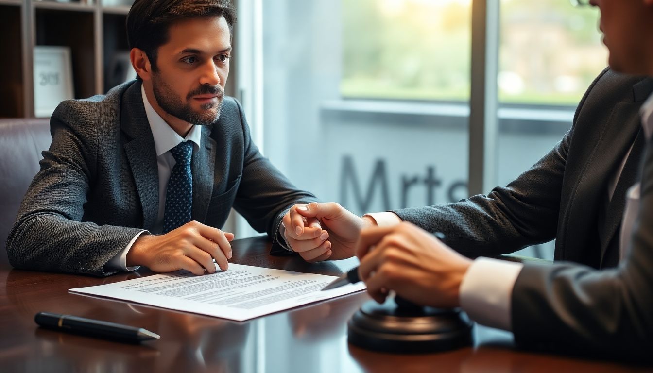 A person consulting with a lawyer, with a martial law-related document on the table.