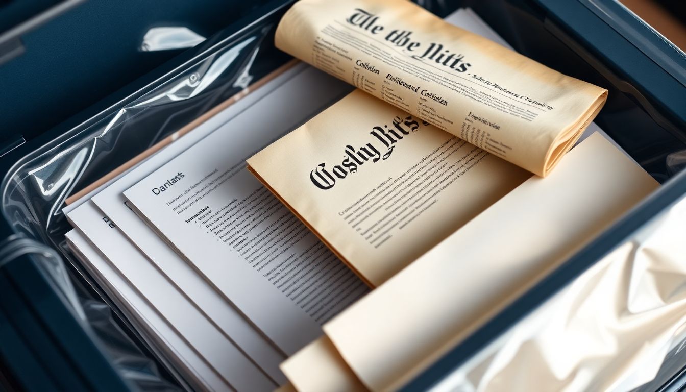 A well-organized, waterproof container filled with important documents and a Constitution on top.