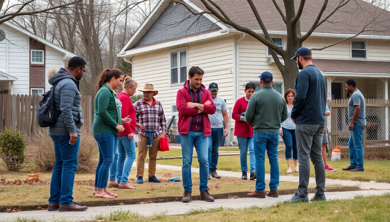 A group of neighbors helping each other during a martial law scenario, with a focus on community solidarity.