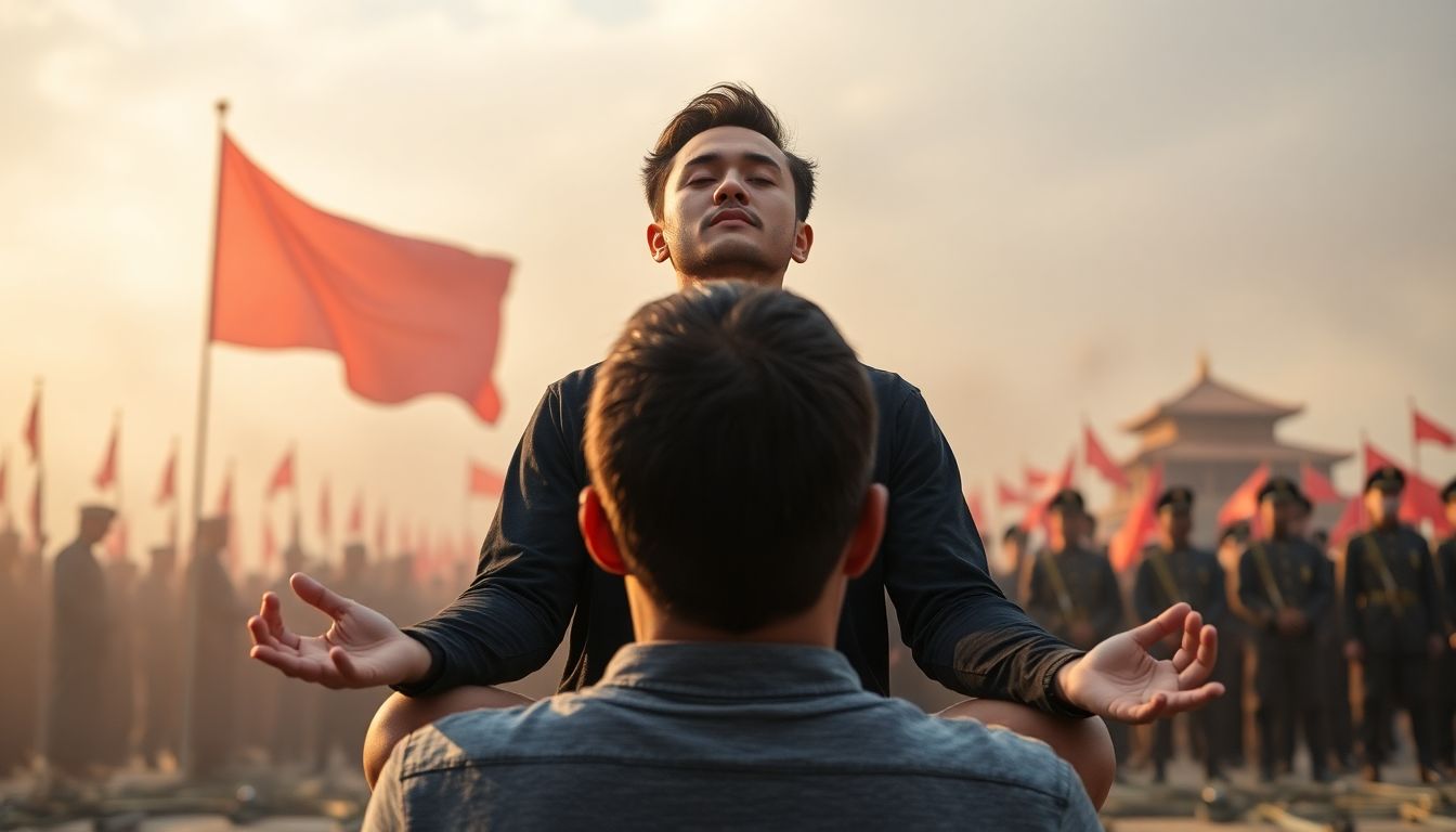 A person meditating or engaging in a stress-relieving activity, with a martial law-related scenario in the background.