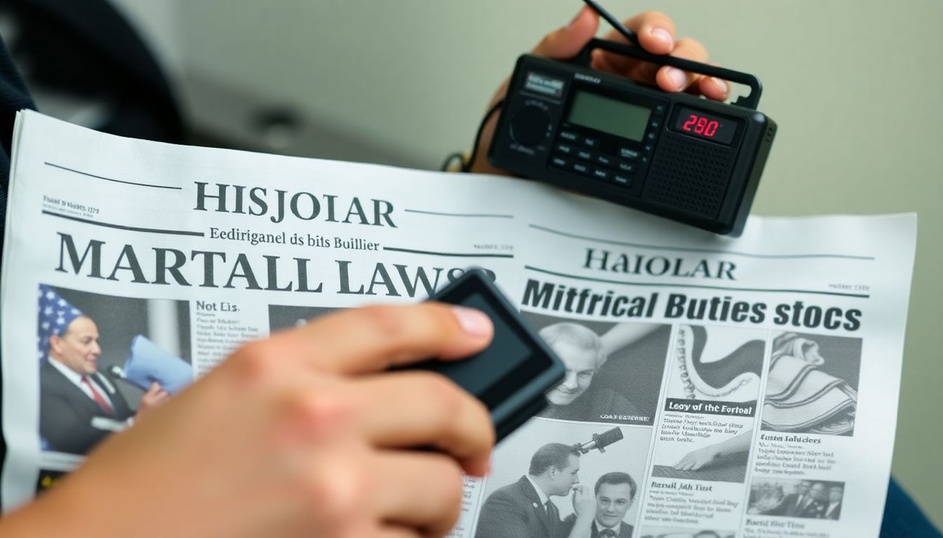 A person using a ham radio or other alternative communication device, with a newspaper featuring martial law-related headlines.