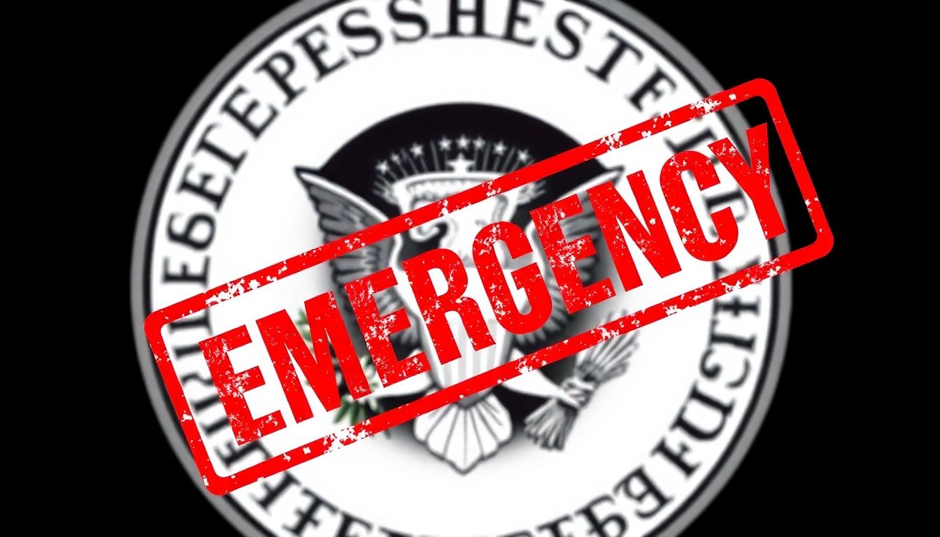 A presidential seal with a red 'emergency' stamp across it.