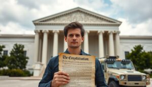 A determined individual standing in front of a courthouse, holding a copy of the Constitution, with a military vehicle in the background, symbolizing the tension between personal rights and martial law.