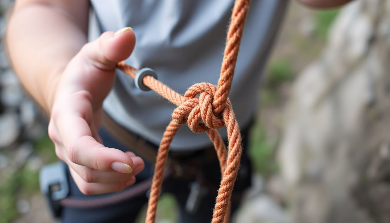 A person using a prusik knot to ascend a rope, with a close-up of the knot in use.