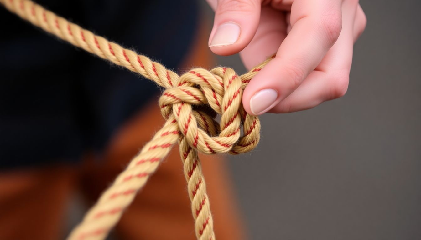 A close-up of a figure eight knot tied at the end of a rope, with a person demonstrating how to tie it.