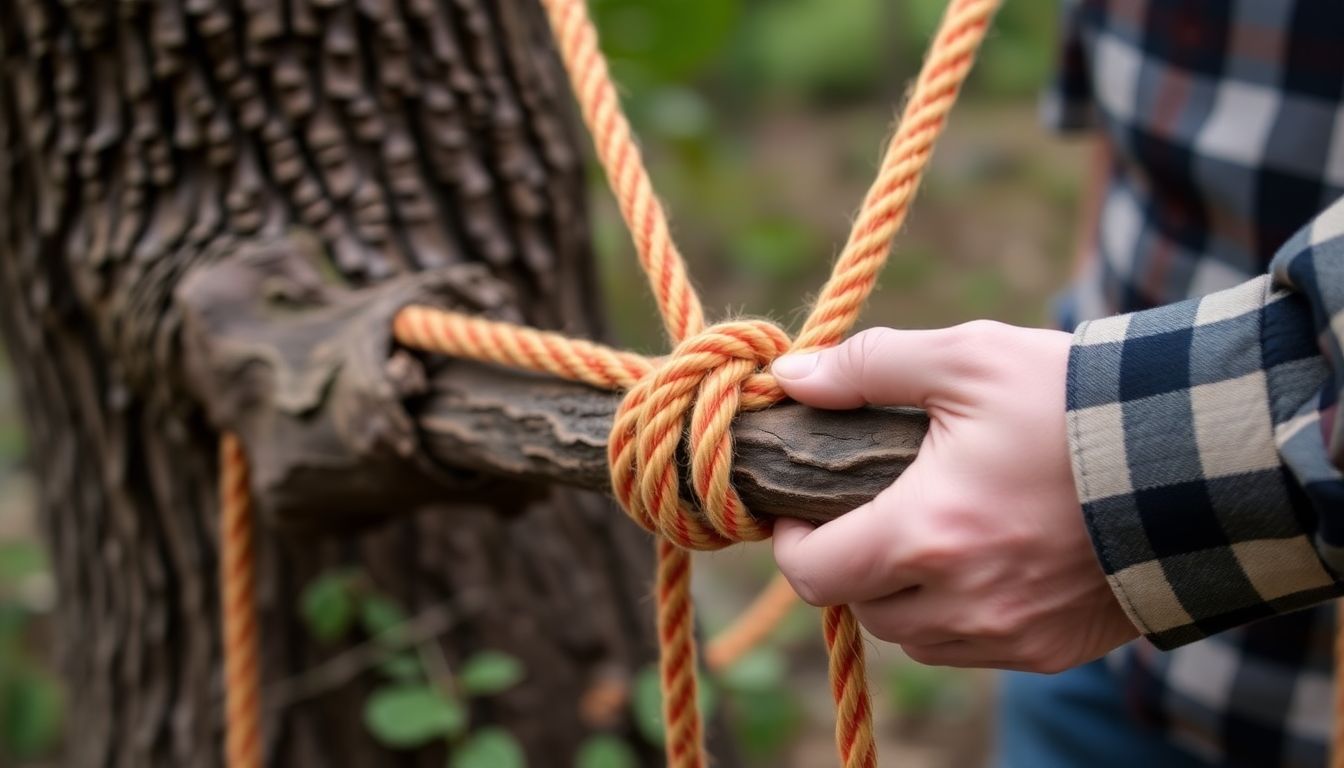 A close-up of a trucker's hitch knot tied around a tree branch, with a person using it to secure a heavy load.