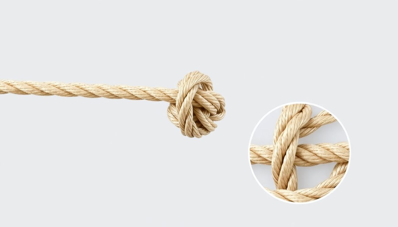 Two ropes of different sizes joined by a sheet bend knot, with a close-up of the knot itself.